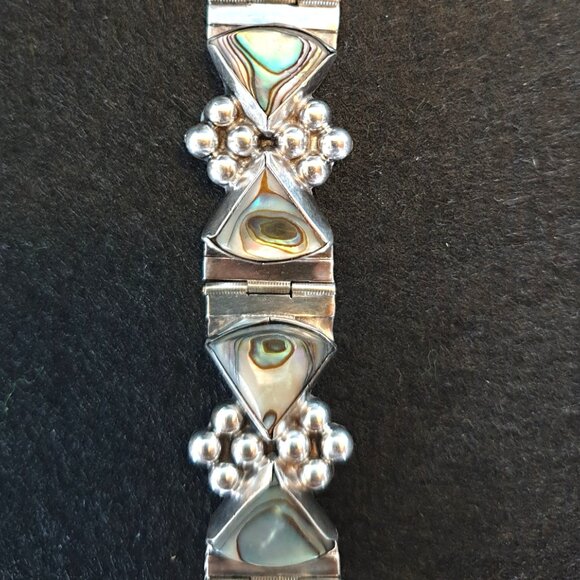 Bold Vintage Mexico Taxco 925 Sterling Silver Abalone Inlaid Statement Bracelet - Picture 10 of 16